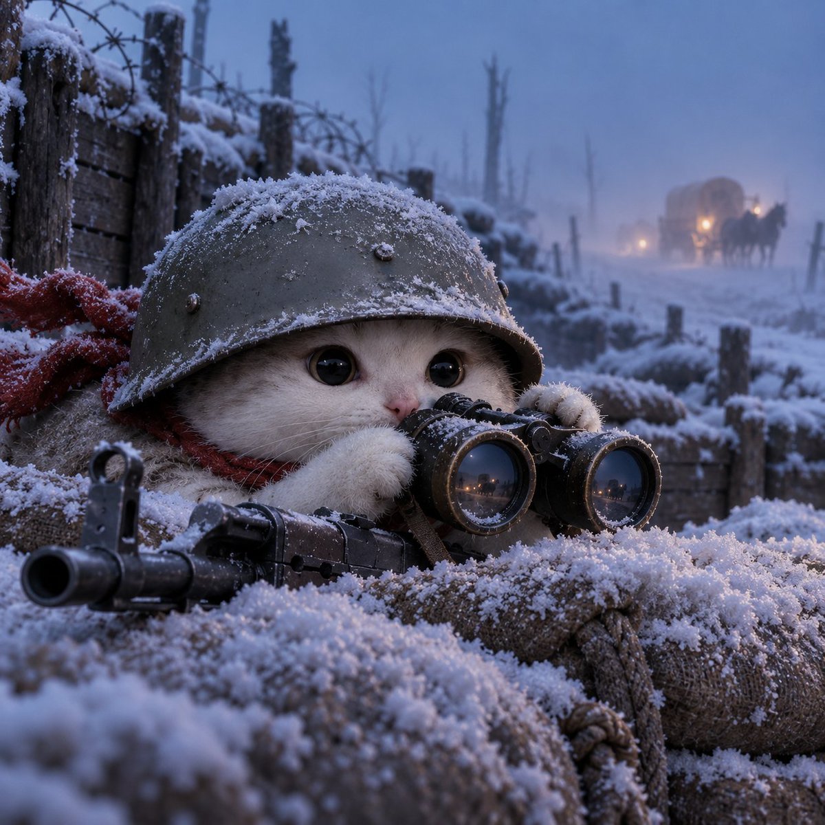 Trenchcat looking through binoculars in a snowy trench