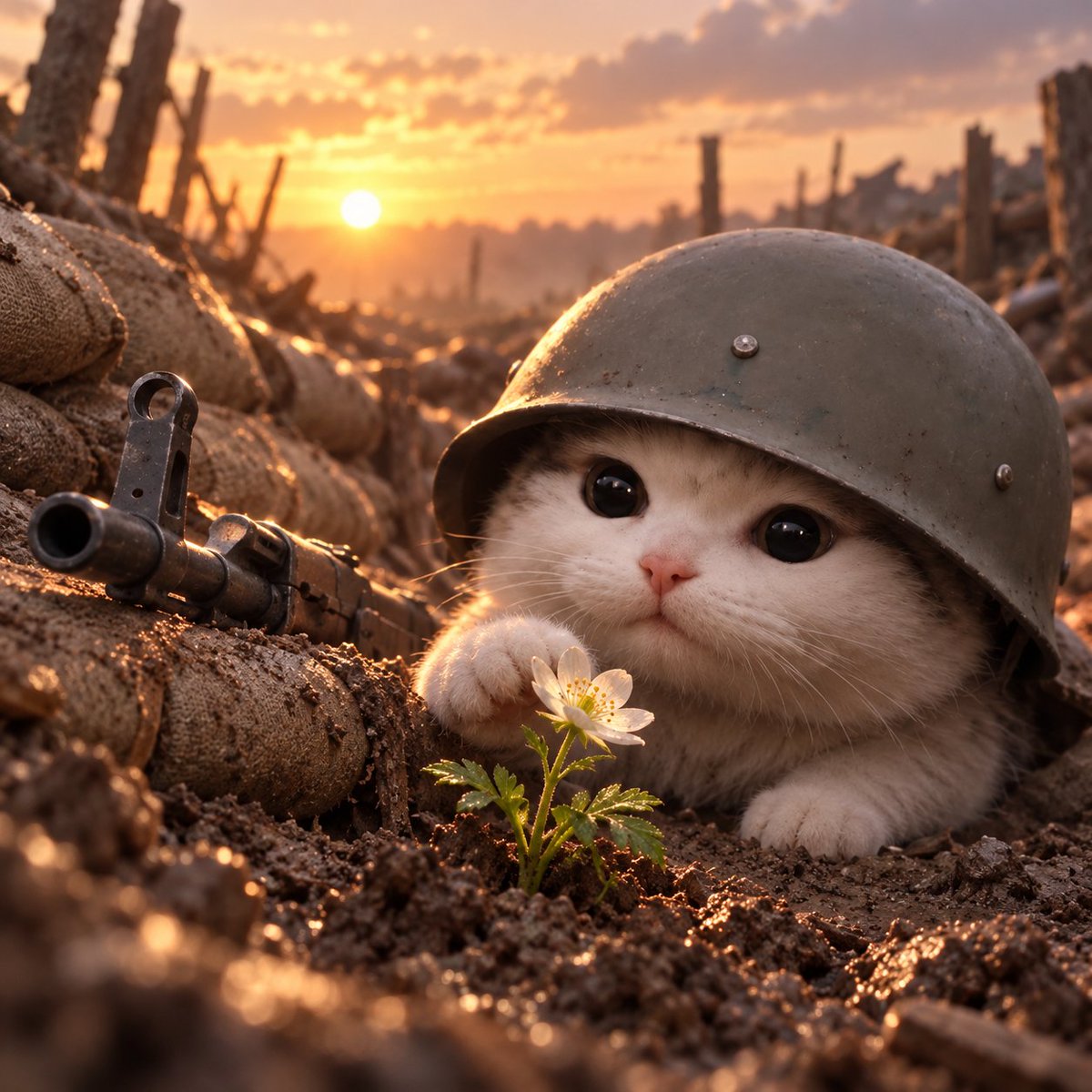 Small white trenchcat in a helmet holding a flower at sunset