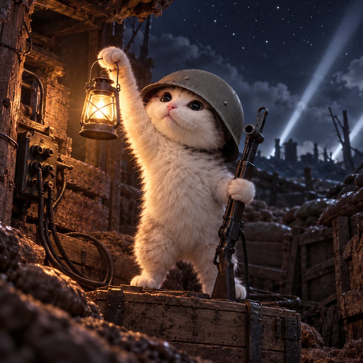Trenchcat raising a lantern beneath the night sky